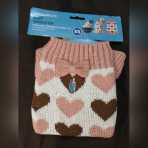 NWT Heart Print Pink & Brown Pet Sweater with Bow. XS Dog / Cat.